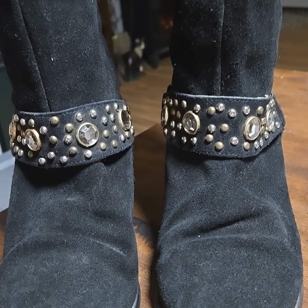 Diane Gilman Suede Embellished Harness Boots Suede Black Gold Tone Toe Cap Moto - Picture 4 of 9